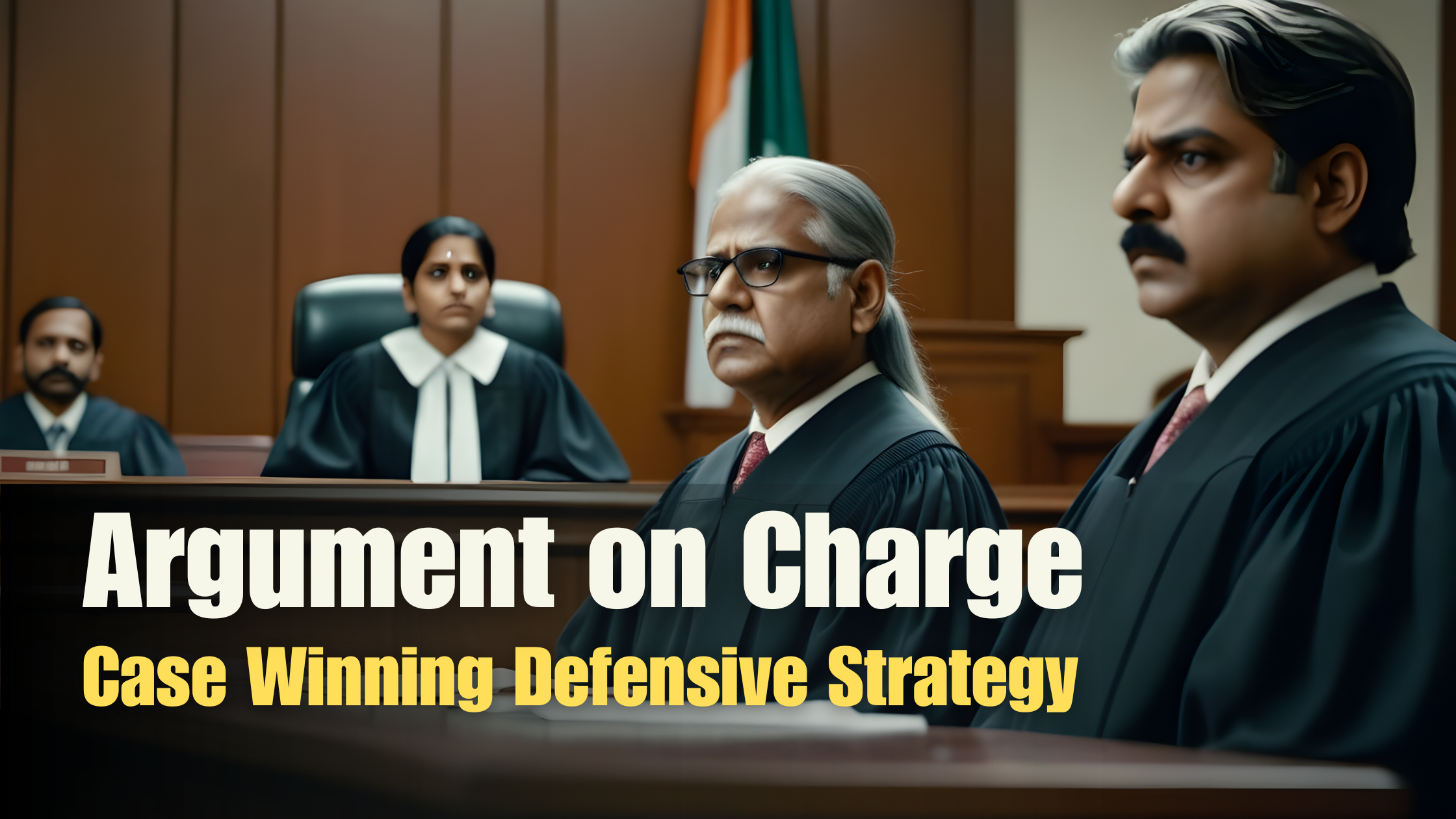 An Indian courtroom scene with a judge, a prosecutor, and a defense attorney standing before the bench. The judge is listening intently to the arguments being presented.